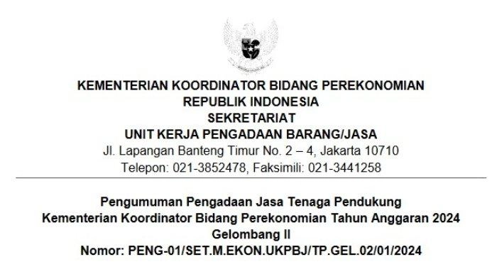 Kemenko Perekonomian Buka Lowongan Kerja Posisi Tenaga Pendukung, Ini Syaratnya