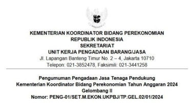 Kemenko Perekonomian Buka Lowongan Kerja Posisi Tenaga Pendukung, Ini Syaratnya