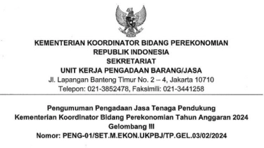 Kemenko Perekonomian Buka Lowongan Kerja Tenaga Pendukung untuk Lulusan D3-S1, Ini Syaratnya