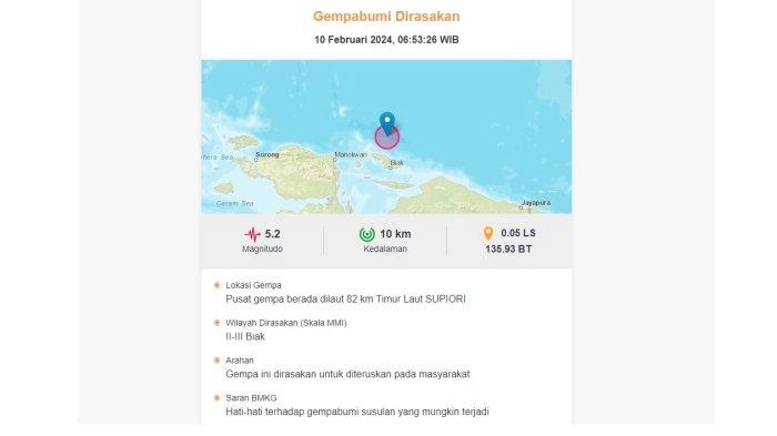 Gempa M 5,2 Guncang Supiori, Papua Pagi Ini, BMKG: Tidak Berpotensi Tsunami