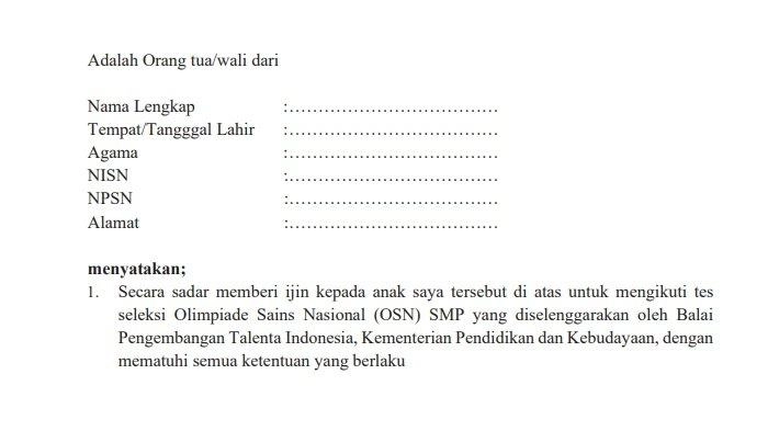 Contoh Format Surat Izin Orang Tua untuk Ikut OSN 2024, Jenjang SD dan SMP