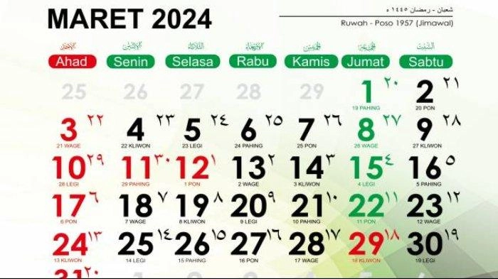 Kalender Jawa Maret 2024 Lengkap dengan Penanggalan Hijriah, Pasaran Jawa dan Libur Nasional