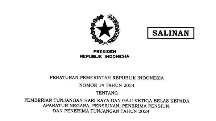 PP 14/2024 Tentang THR dan Gaji ke-13 PNS dan Pensiunan 2024, Cek Besarannya