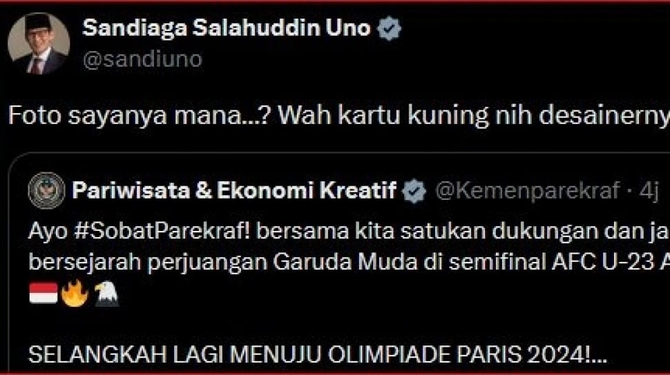 Sandiaga Uno Protes Fotonya Tak Ada di Poster Semifinal Piala Asia U23 : Kartu Kuning