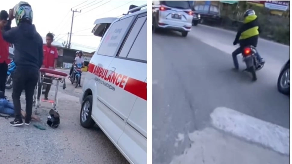 Apes Banget, Hendak Menyalip, Pemotor Malah Tergelincir dan jadi Pasien Ambulans