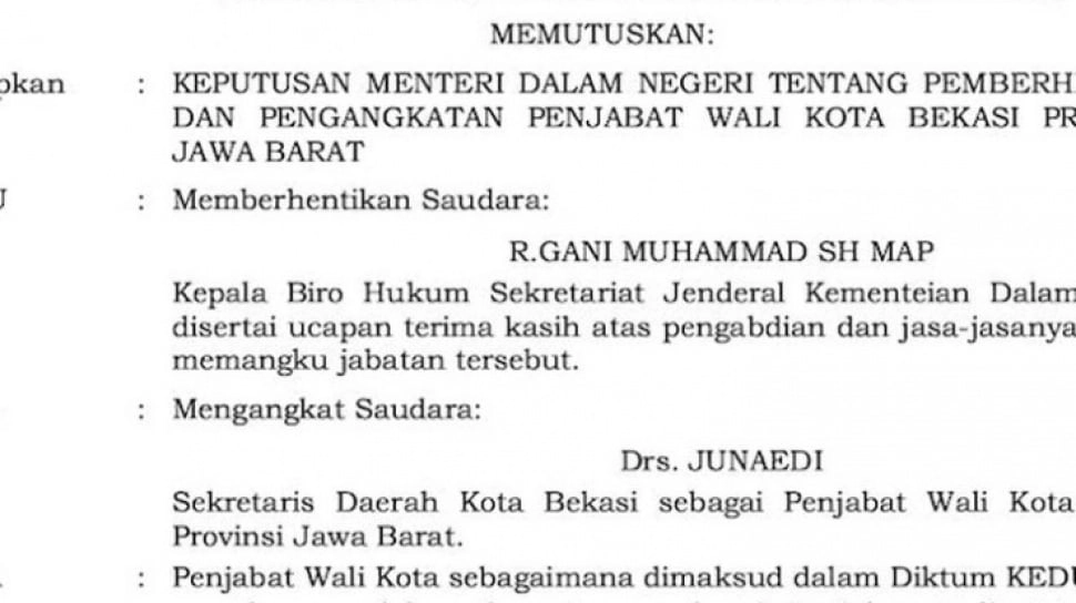 CEK FAKTA: Pj Wali Kota Bekasi Raden Gani Muhammad Diberhentikan, Benarkah?