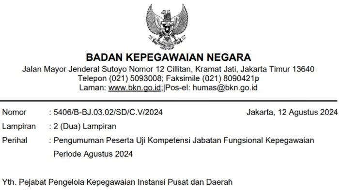 BKN Umumkan Peserta Uji Kompetensi Jabatan Fungsional Kepegawaian Periode Agustus 2024