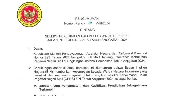 CPNS BIN 2024 Buka 600 Formasi untuk Lulusan SMA Sederajat, D3, dan S1, Cek Syaratnya