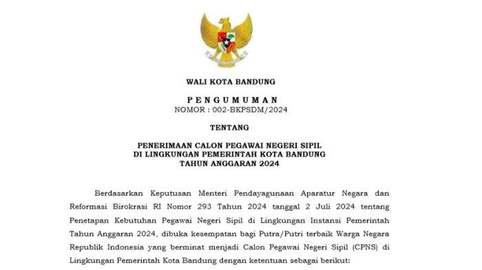 CPNS Pemkot Bandung 2024 Dibuka 48 Formasi: Cek Syarat, Cara Daftar dan Dokumen Lengkapnya