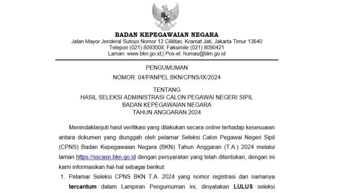 1.799 Pelamar Lolos Seleksi Administrasi CPNS BKN 2024, Ini Link PDF dan Cara Ceknya