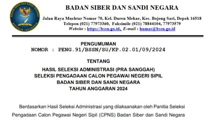 Pengumuman Seleksi Administrasi CPNS BSSN Tahun 2024, Ini Link dan Daftar Peserta yang Lolos