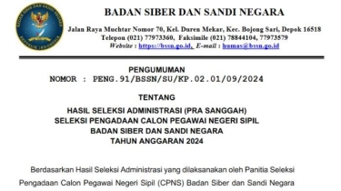 Pengumuman Seleksi Administrasi CPNS BSSN Tahun 2024, Ini Link dan Daftar Peserta yang Lolos