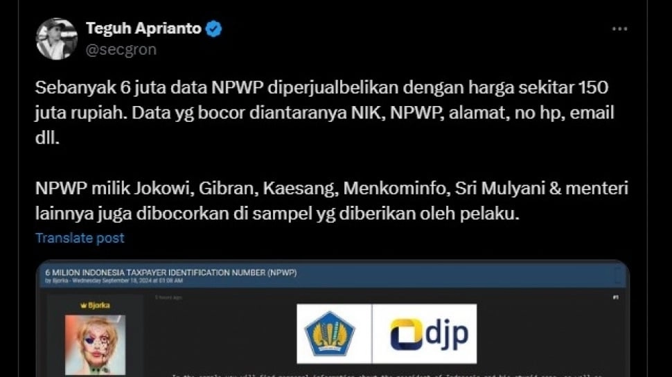 Anak Buah Sri Mulyani Bantah Tudingan 6 Juta Data NPWP Bocor dan Dijual Rp150 Juta