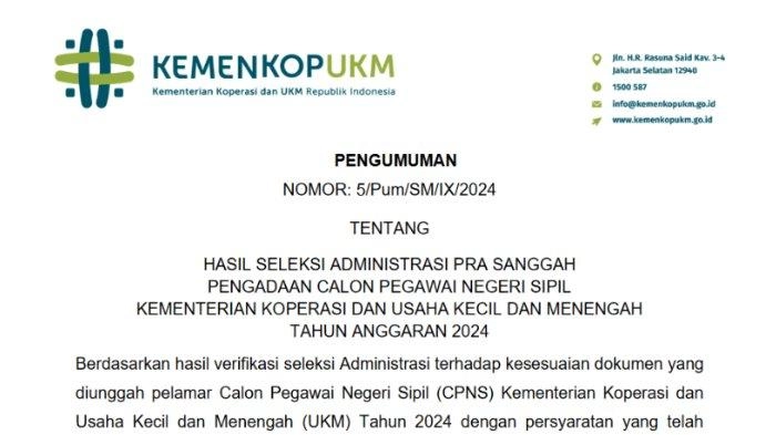Link Daftar Nama Pelamar yang Lolos Seleksi Administrasi CPNS Kemenkop UKM 2024, Cek di Sini!
