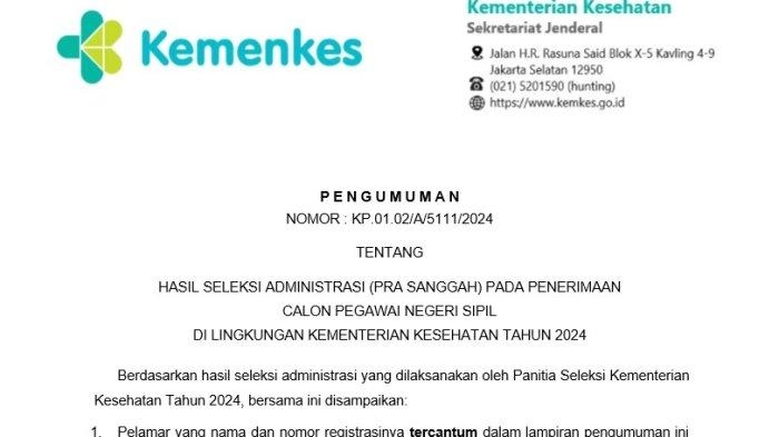 Link Pengumuman Hasil Seleksi Administrasi CPNS Kemenkes 2024, Pelamar Bisa Ajukan Sanggah