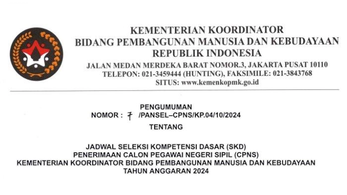 Link Jadwal SKD CPNS Kemenko PMK 2024 dan Tata Tertib Peserta