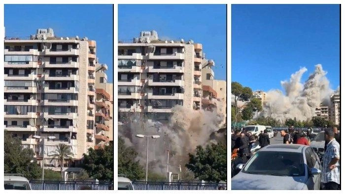 Dihantam Rudal Israel, Gedung Apartemen di Beirut Runtuh dalam Sekejap