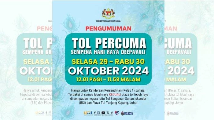 Rayakan Diwali 2024, Pemerintah Malaysia Gratiskan Semua Tarif Tol pada Tanggal 29 dan 30 Oktober