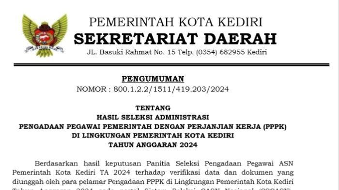 Link Pengumuman Seleksi Administrasi PPPK Kota Kediri 2024, Sebanyak 2.081 Peserta Lolos