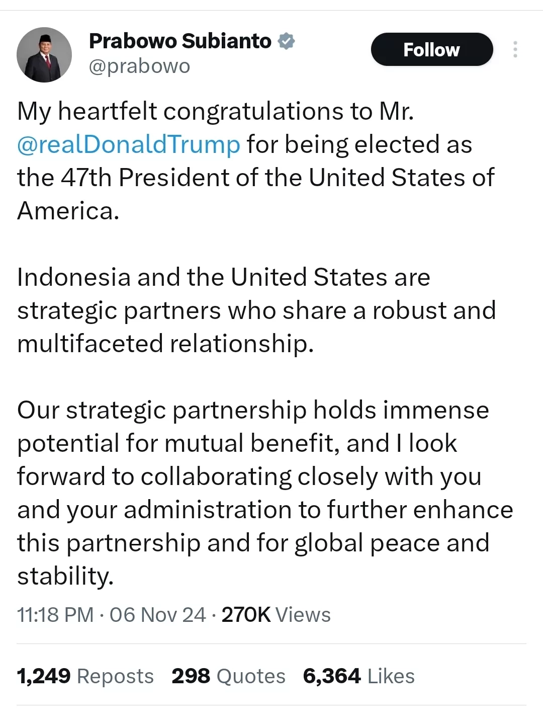 Prabowo Ucapkan Selamat kepada Donald Trump Usai Menang Pemilu AS, Tekankan Perdamaian dan Stabilitas Dunia