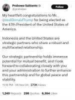 Prabowo Ucapkan Selamat kepada Donald Trump Usai Menang Pemilu AS, Tekankan Perdamaian dan Stabilitas Dunia