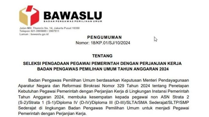 16.573 Lowongan PPPK Bawaslu 2024 Tahap 2 Dibuka, Cek Formasi, Syarat, Dokumen dan Cara Daftarnya