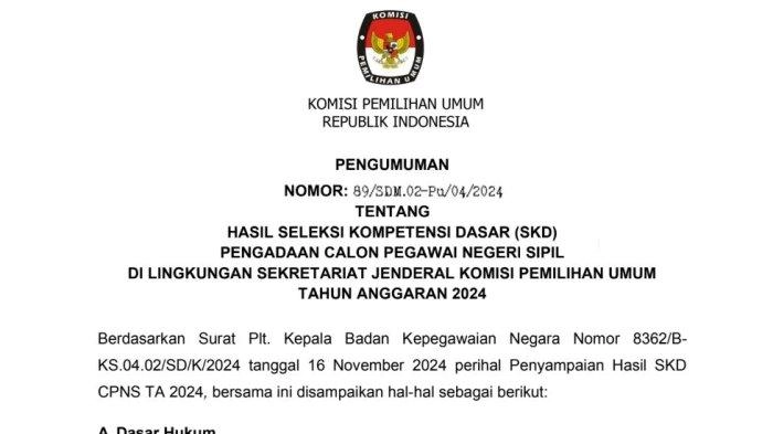 Link Pengumuman Hasil SKD CPNS KPU 2024, Cek Daftar Pelamar yang Lolos Tes SKB