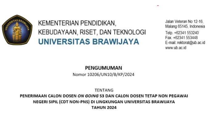 Link Daftar Formasi Lowongan Kerja Dosen Tetap Non PNS Universitas Brawijaya, Ini Tahap Seleksinya