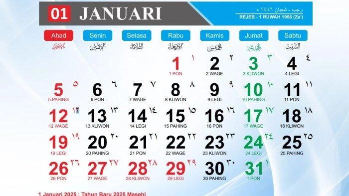 Kalender Januari 2025 Lengkap dengan Tanggal Merah, Ada 3 Hari Libur Nasional dan Long Weekend