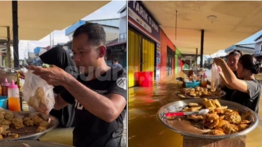 Banjir Tak Jadi Halangan, Penjual Gorengan Tetap Buka Hingga Diserbu Banyak Pelanggan