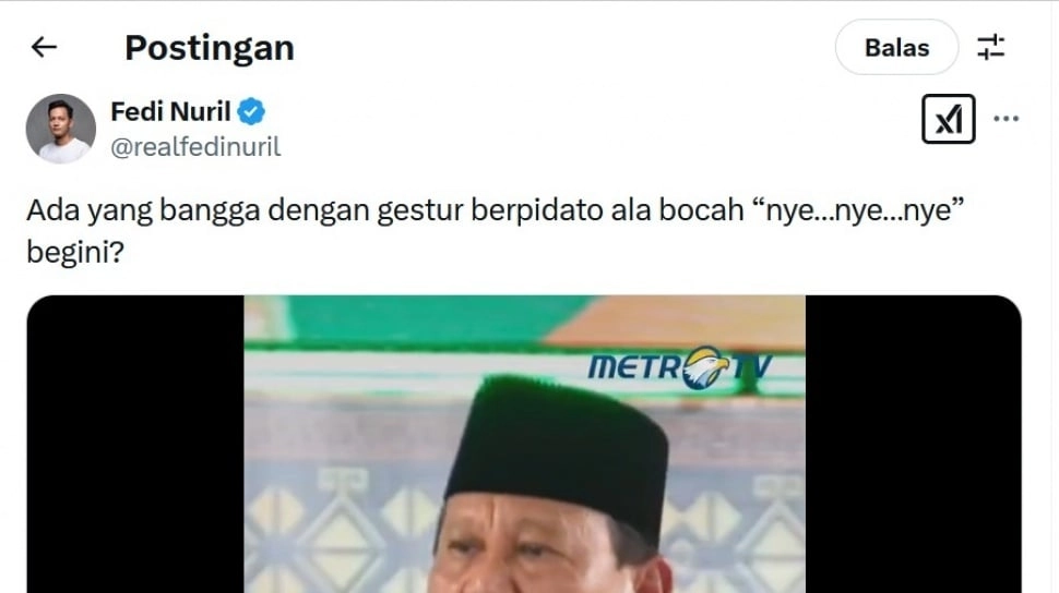 Fedi Nuril Kritik Gestur ''Nye..nye..nye'' Prabowo Saat Pidato HUT Gerindra