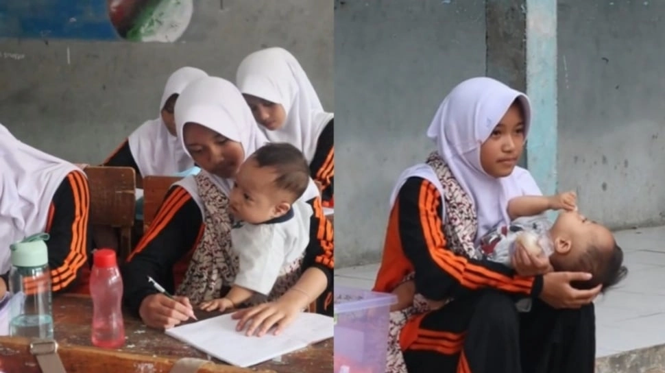 Viral Siswi SMP Rela Sekolah Sambil Jualan dan Gendong Adiknya yang Down Syndrome
