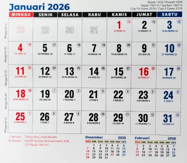 Tanggal Merah Januari 2026 Lengkap: Libur Nasional, Cuti Bersama dan Long Weekend