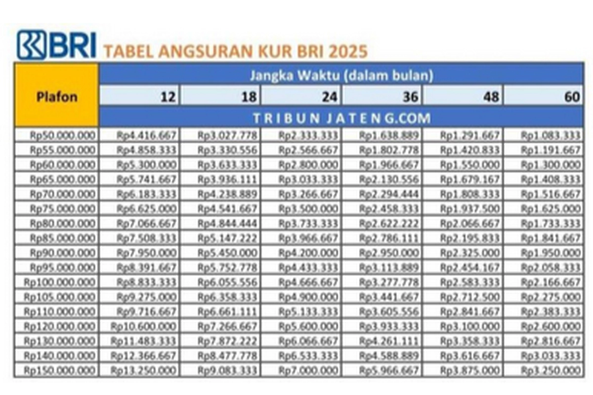 Tabel KUR BRI 2025 Pinjaman Rp 1 Juta–150 Juta, Cek Angsuran per Bulan Sesuai Tenor