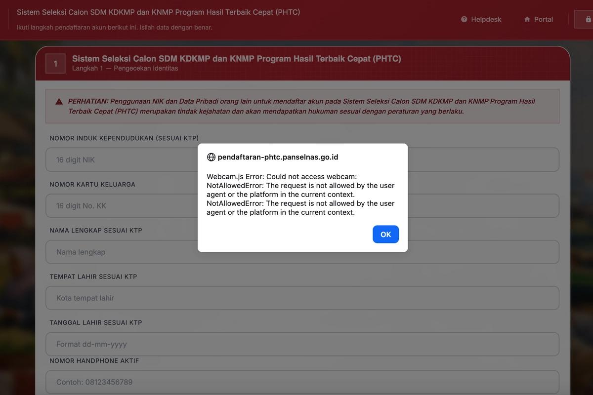 Cara Mengatasi “Webcam is Not Loaded Yet” buat Daftar KDMP di phtc.panselnas.go.id
