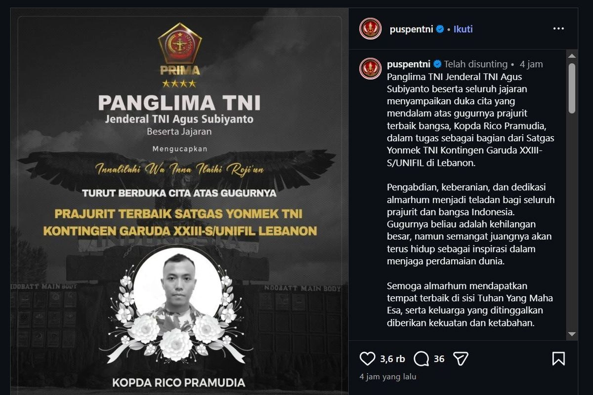 Prajurit TNI Rico Pramudia yang Gugur di Lebanon Naik Pangkat Kopda Anumerta