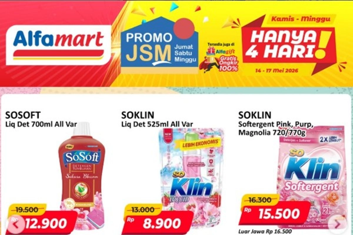 Promo JSM Alfamart Hari Ini 14-17 Mei 2026, Sunlight dan SoKlin Turun Harga